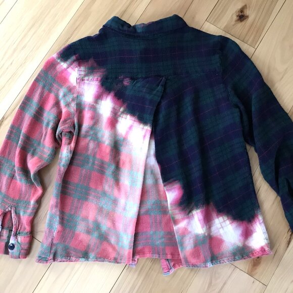 Upcycled Bleached Flannel Shirt, Juniors Medium: Cropped Style Distressed Top - Picture 7 of 9